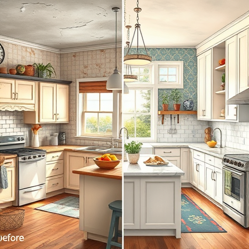 A vibrant digital illustration of a modern kitchen remodeling scene in Inverness, Florida, featuring an open-concept design with polished quartz countertops, warm wooden cabinets with decorative carvings, and a bright turquoise kitchen island reflecting Florida’s coastal style. The scene includes a vintage-inspired retro refrigerator adorned with colorful tropical motifs, and a whimsical chandelier made from repurposed glass bottles hanging above the workspace. Large windows showcase lush palm trees and vibrant greenery, flooding the kitchen with natural sunlight. Playful accents such as a cartoonish flamingo figurine on the counter and colorful construction hats on a workbench highlight the remodeling process. The environment combines energetic professionalism with a fun, whimsical atmosphere, using soft coral, aqua, sandy beige, and green tones to evoke a relaxed tropical vibe. The clean, expressive digital art style features fluid lines and vibrant shading, capturing the lively spirit of home renovation with warmth and enthusiasm, ideal for showcasing kitchen upgrades in Inverness, Florida.