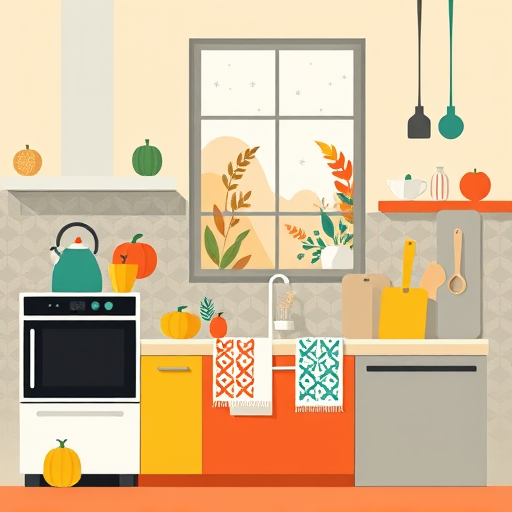 A vibrant, geometric-style blog cover illustration of a modern kitchen undergoing renovation. The scene features angular, overlapping shapes representing kitchen cabinets with bold facets and oversized handles, stylized countertops in sharp triangular forms, and abstract appliances like a geometric stove and refrigerator. The color palette includes bright teal, sunny yellow, crisp white, warm orange, contrasted by dark navy and charcoal tones, creating an energetic and inviting atmosphere. Playful details such as a mosaic backsplash composed of colorful rectangles and circles, and whimsical plant shapes with faceted leaves on corner shelves add charm. In the background, angular outlines of a window cast geometric light beams, flooding the space with natural warmth, while a subtle blueprint grid overlays parts of the scene, hinting at renovation plans. Overall, the lively composition combines modern abstraction with a sense of fun and creativity, perfect for a kitchen remodeling or renovation blog.