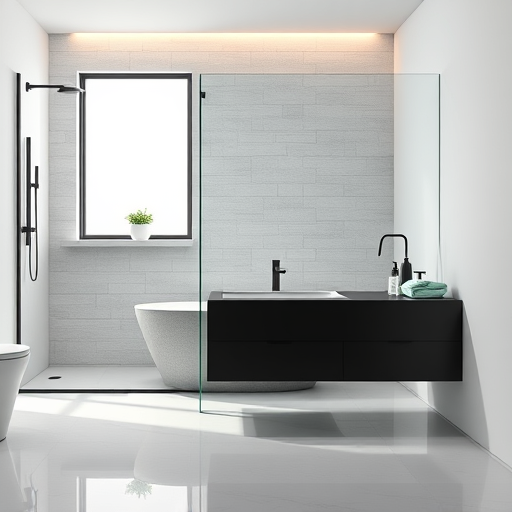 A vibrant, futuristic bathroom renovation scene set in Brooksville, Florida, featuring a sleek, high-tech bathroom with smooth, flowing curves and minimalist design elements. The transparent walls reveal advanced holographic fixtures and floating faucets, while a luminous semi-abstract cityscape combines Brooksville’s rural charm with futurist architecture—tall green-covered eco-buildings, stylized palm trees, and southern accents. Bright hues like electric turquoise, neon coral, and chrome silver underscore a theme of innovation and freshness. Quirky details include a floating LED-lit seashell-shaped bathtub, friendly robotic assistants with glowing eyes managing digital display panels, and floating bubbles and holographic clouds adding playful movement. Organic elements such as stylized Spanish moss and live oaks blend seamlessly with sleek, futuristic tile patterns, animated digital advertisements, and coastal motifs like dolphins and pelicans, all creating an energetic, modern, eco-conscious aesthetic perfect for showcasing innovative bathroom renovations in Brooksville, Florida.