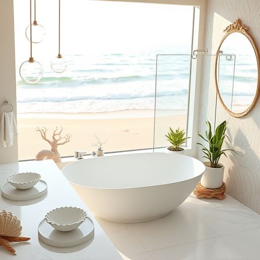 A vibrant digital illustration showcasing a modern bathroom transformation with innovative remodeling ideas. The scene features sleek, minimalist fixtures including floating vanities topped with potted greenery, a frameless glass shower, and an ergonomic bathtub. The spacious bathroom is illuminated by large windows filled with soft natural light, highlighting elegant tile patterns with subtle geometric designs on the walls and floor, indicative of high-end finishes and craftsmanship. Clever details include a quirky soap dispenser with a playful mascot, smart storage solutions such as hidden drawers and open shelving with decorative baskets, and a whimsical clock with an animated face in one corner. A sleek digital tablet displaying renovation ideas adds a touch of technological sophistication. The background is adorned with lush indoor plants, softly textured towels, and warm wood accents, creating a calm yet energetic, spa-like atmosphere. The color palette features cool whites, warm earthy tones, and vibrant teal and mustard highlights, blending contemporary luxury with cozy comfort. The art style is vibrant digital art with crisp lines, smooth shading, and stylized realism, perfect for inspiring modern bathroom renovation ideas.