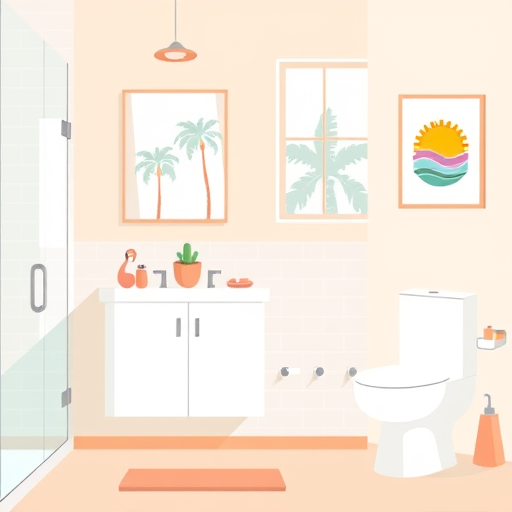 Minimalist modern kitchen in Hernando County, Florida, featuring clean lines and simple shapes. The scene includes a sleek kitchen island with smooth surfaces, surrounded by minimalist cabinetry with subtle handles, all in soft pastel aqua, sandy beige, and crisp white tones. Large windows in the background reveal lush greenery, sparkling waterways, stylized palm trees, and tropical flora, reflecting regional coastal charm. Natural soft lighting casts gentle shadows, enhancing the calm, inviting atmosphere. Playful, colorful geometric fruit-shaped objects, such as cube pineapples, spherical avocados, and digitized oranges, sit casually on the countertop, adding personality to the minimal space. An open environment showcases a calm oceanic blue sky through the glass, creating a relaxed yet sophisticated coastal vibe. Subtle whimsical details include a tiny abstract bird on a cabinet handle and stylized waves in decor, with a serene color palette of soft blues, sandy beiges, and whites, evoking a peaceful, modern Florida coastal lifestyle.