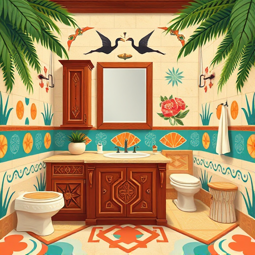 A vibrant cubist illustration depicting a modern, eco-friendly bathroom renovation within a five-mile urban area. The image features overlapping geometric shapes and fractured perspectives of sleek bathroom fixtures, including angular sinks, stylized faucets, and faceted bathtubs, intertwined with abstract cityscape elements like simplified buildings, roads, and distant trees. The color palette combines calming seafoam greens, warm terracotta, crisp whites, and accents of yellow and teal, creating a fresh and energetic atmosphere. Playful details include a mosaic shower curtain with a smiling face, a quirky geometric sponge, and stylized plants growing from drains. The background presents an aerial view of the city with stylized streets and parks, with subtle hints of renovation tools such as hammers and paint rollers integrated into the scene. Light shadows and angular highlights add depth to the lively, fragmented composition, emphasizing creative renovation within an urban environment.