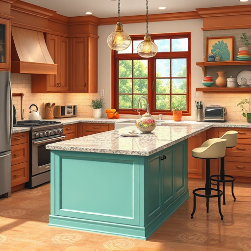 Hyperrealistic depiction of a modern kitchen renovation in Inverness, Florida, featuring sleek glossy cabinets with subtle wood grain textures and contemporary hardware. The spacious quartz countertop is decorated with a colorful arrangement of fresh citrus fruits—orange, lemon, and lime—adding vibrant pops of color. A large window with sheer curtains offers views of lush greenery and shimmering lakes, infusing a serene, natural light into the space. Quirky details include a retro-inspired modern faucet with a whimsical swirl pattern, a floating shelf displaying eclectic vintage kitchenware, and a cheerful sun-shaped potted plant with a smiling face, adding personality. The scene showcases polished surfaces with subtle reflections, emphasizing cleanliness and high quality. Soft natural lighting highlights the warm tones and textures of smooth stone, glossy paint, and organic imperfections of the citrus. In the background, a cozy nook with colorful patterned tiles suggests a family-friendly area, while a decorative garden herb wheelbarrow hints at Florida’s lush environment. The overall composition combines sophistication with fun, capturing the essence of expert remodeling in a sunny, inviting Floridian setting, rendered in hyperrealism to showcase intricate details, realistic textures, and vibrant colors.