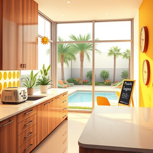 A detailed Renaissance-style depiction of a cozy medieval kitchen during off-season renovation. The scene features an intricately carved stone hearth illuminated by flickering candlelight, casting warm golden hues on wooden beams overhead. Elegant, ornate cabinetry with swirling motifs surrounds a large, ancient stone table cluttered with scrolls, sketches, and quills, indicating careful planning. Vintage blueprints and watercolor sketches of kitchen layouts and traditional tools are near clusters of autumnal gourds and dried herbs, highlighting seasonal influence. A tiny, mischievous rat peeks from a basket of fresh bread, adding a playful touch, while a whimsical hand-painted clock shows late, peaceful hours. The background reveals a lush courtyard with creeping ivy and seasonal orange and russet leaves, evoking an idyllic, timeless atmosphere. Decorative drapery with intricate patterns frames the scene, emphasizing craftsmanship and luxury. Rendered in rich Renaissance art style with earthy tones of ochres, reds, deep browns, and muted greens, this image exudes warmth, artistry, and quirky personality, celebrating traditional kitchen renovation during the harvest season.