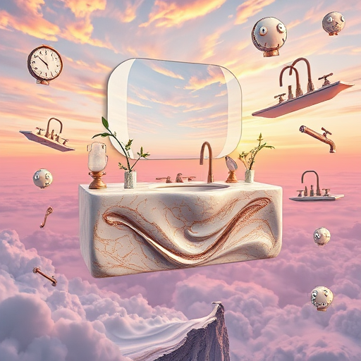 A high-detail illustration of a luxurious bathroom inspired by the High Renaissance style, featuring intricate modern tile patterns and elegant decor. The scene showcases a marble floor with elaborate geometric and floral tile inlays, blending traditional Renaissance motifs with contemporary minimalism. Walls are decorated with shimmering mosaic tiles that reflect soft, warm lighting, creating subtle chiaroscuro effects typical of Renaissance art. Delicate arabesque motifs and modern metallic accents in brushed gold or copper add regal sophistication. Quirky details include a vintage soap dispenser shaped like a tiny Roman fountain and a carved cherub-shaped towel hook. A softly draped velvet curtain and lush greenery visible through a window enhance the refined atmosphere. The color palette combines warm creams, rich golds, and subtle pastel blues and greens, emphasizing textures, graceful decorative elements, and painterly lighting that evoke both timeless artistry and modern elegance in bathroom tile design.