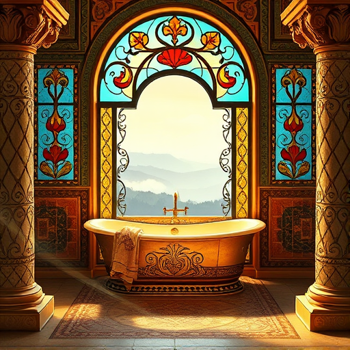 A vibrant mosaic-inspired scene of a modern bathroom undergoing a whimsical transformation, featuring Byzantine-style decorative tiles in rich gold and deep blue tones. The design includes ornate plumbing fixtures, geometric tiling patterns, and intricate floral and cloud motifs on the mosaic wall, evoking Byzantine artistry. Soft lighting filters through semi-transparent stained glass windows, casting warm glow across the scene. Playful details like smiling grout lines and tiny anthropomorphic faucets add humor and personality, while a mosaic-style “Before and After” label emphasizes affordable upgrades. The overall composition combines traditional grandeur with modern charm, highlighting creative bathroom makeovers using elegant, budget-friendly design elements.