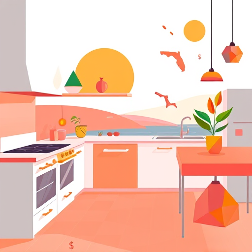 A vibrant and intricately patterned kitchen design scene inspired by Pre-Columbian art, featuring a decorative wooden table engraved with ancient motifs from Andean or Mesoamerican craftsmanship. On the table are stylized kitchen tools including a mortar and pestle, clay pots, and woven baskets, all decorated with bold, symmetrical geometric patterns. Delicate plant motifs like maize and chili peppers are integrated into the design of the utensils, adding cultural detail. The background depicts lush jungle foliage and mountain silhouettes in warm earth tones such as terracotta, ochre, and turquoise, creating a natural, harmonious setting. Tiny decorative elements like miniature totem figures and sun symbols are subtly embedded, enhancing the cultural richness and playful personality of the scene. The art style features bold lines, complex patterns, and a warm color palette, emphasizing craftsmanship, tradition, and the artistic celebration of culinary heritage in a lively yet calming atmosphere.