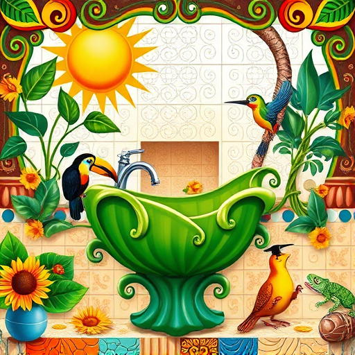 A modern, minimalist bathroom interior illustration set against Dade City, Florida, featuring a sleek bathtub with smooth curves, a floating vanity with a stylish mirror, and geometric tile patterns in calming teal, beige, and white tones. The scene includes outdoor views of palm fronds and lush greenery through a large window, creating a tropical, coastal ambiance. Small details like a potted succulent and a unique soap dispenser add personality. The overall design exudes sophistication, tranquility, and functional elegance, appealing to homeowners interested in high-quality bathroom remodels with a Florida-inspired, breezy vibe.