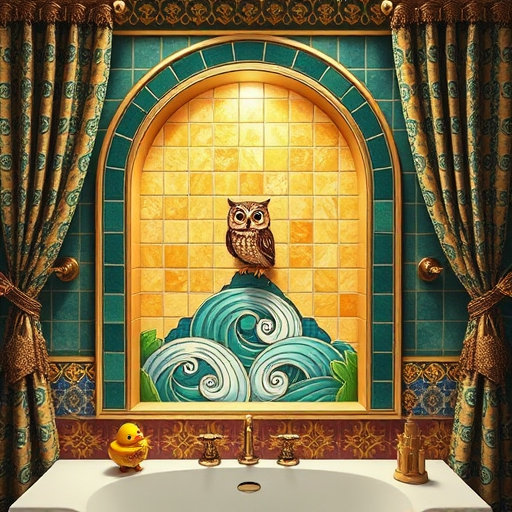 A stylish Art Deco-inspired illustration of accessible shower designs perfect for small bathrooms. The scene features streamlined shower units with curved glass doors, integrated grab bars, and space-saving fixtures arranged within a compact bathroom setting. The background showcases symmetrical decorative tiles with bold zigzag and chevron patterns in rich golds, deep blacks, and soft creams. Details include vintage-inspired soap dishes, angular starburst lighting fixtures emitting warm ambient light, and minimalist greenery with angular leaves. The composition emphasizes clean lines, harmonious balance, and a sophisticated, calming atmosphere, combining practicality with elegant artistic design using a color palette of warm gold, cool teal accents, and contrasting dark tones. Tiny decorative elements like stylized water droplets and geometric shapes add visual interest, highlighting functional yet stylish bathroom accessibility in an upscale, modern space.