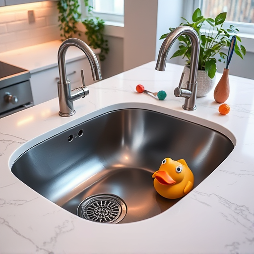 Photorealistic image of a modern Tampa bathroom featuring luxurious fixtures, including matte black faucets, a spacious walk-in glass shower with tropical mosaic tiles, and a freestanding soaking tub beneath large sunlit windows overlooking lush Florida greenery. The stylish floating vanity with a marble countertop displays minimalistic soap dispensers and a small potted tropical plant. Quirky details include a retro rubber duck on the tub, a colorful parrots-patterned shower curtain, a floating shelf with tiny succulents in geometric pots, and a sailboat-shaped soap dish. The background exudes a coastal vibe with soft pastel blue and sandy beige tones, enhanced by natural light, complemented by subtle art-deco motifs reflecting Tampa's architectural style. The design blends functional elegance with playful personality, showcasing top Tampa bathroom remodeling craftsmanship.