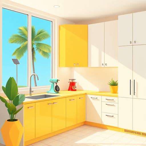 A vibrant pop art-inspired illustration of modern upper kitchen cabinets featuring bold outlines, exaggerated geometric shapes, and playful patterns. The cabinets are brightly colored in sunny yellow, electric blue, fiery red, and glossy black accents, creating a striking visual contrast. The background depicts a stylized kitchen wall with comic book-style halftone dots and sharp shadows, conveying energy and liveliness. Quirky details include a floating spoon and spatula with whimsical faces peeking from behind the cabinets, and exaggerated reflections resembling comic strip highlights on the cabinet doors. A humorous touch is added by a tiny animated potted herb plant wearing sunglasses sitting atop the cabinets. The overall scene is cheerful, whimsical, and energetic, showcasing a colorful, playful kitchen scene with a pop art aesthetic characterized by bold lines, flat vivid colors, and dynamic patterns.