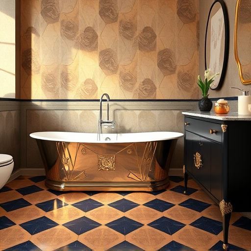 A vibrant, traditional African-inspired illustration of a budget bathroom remodel set in winter, featuring intricate patterns, bold black symbols, and textured walls. The scene includes colorful, patterned tiles in warm amber, deep red, and rich brown hues, contrasting with a frosted window with delicate lace curtains that reveal cool winter tones outside. Handcrafted tools such as clay pots, woven baskets, and wooden brushes are artistically integrated, emphasizing resourcefulness. A hearty potted plant with patterned leaves adds a lively, eco-friendly touch. The rustic interior showcases a thatched roof, abstract motifs, and symbolic African art, with a playful depiction of a small, colorful mortar and pestle beside a steaming herbal tea on a patterned shelf. The overall mood conveys warmth, ingenuity, and sustainability, accentuated by earthy browns, vibrant reds, deep oranges, and cool icy blues, all rendered in stylized, rhythmic forms characteristic of traditional African art.