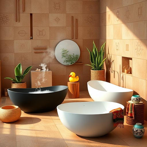 A detailed Art Nouveau-inspired bathroom remodeling blog cover image featuring an elegant vintage bathroom scene with flowing, ornate curvilinear fixtures. The centerpiece is an intricate clawfoot bathtub decorated with floral motifs, complemented by elongated, vine-like faucets. The background showcases stylized botanical elements—including pearl-white and soft teal flowers entwined with swirling leaves—creating a harmonious organic flow. Modern renovation touches, such as sleek LED lighting resembling glowing lanterns and abstract cabinetry outlines, blend seamlessly into the decorative design. Subtle whimsical details, like tiny butterflies on faucet handles and a stylized mirror reflecting ornate patterns, add playful charm. The scene evokes a serene, luxurious retreat with a muted pastel palette of pale mint, blush pink, and antique gold, emphasizing craftsmanship, timeless elegance, and artistic charm in bathroom transformations.