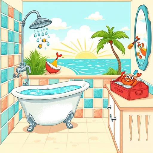 Hyper-realistic image of a bathroom in Zephyrhills, Florida, featuring a freshly tiled wall with glossy ceramic tiles in soft pastel shades of turquoise, sandy beige, and coral, reflecting Florida's coastal vibe. A organized worktable displays tile installation tools, including a grout float, measuring tape, and colorful tile spacers, suggesting professional craftsmanship. In the background, a sunlit bathroom with large arched windows reveals lush greenery and tropical flora outside, enhancing the warm, inviting Floridian atmosphere. A small potted succulent on the windowsill and a tiny gecko crawling on the wall add playful, quirky details. Warm natural lighting highlights the texture of the tiles and tools, emphasizing quality and reliability. The scene combines realistic texture, light, and color tones of earth, ocean, and greenery, capturing a professional yet approachable vibe suitable for bathroom tile installation services in Zephyrhills, Florida.