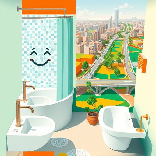 A vibrant, stylized conceptual artwork representing top bathroom remodeling companies in Brooksville, Florida. The scene features a whimsical, modern bathroom with futuristic fixtures, including a floating bathtub with sprouting vines, a cartoon-like playful faucet, and mosaic tiles inspired by local Floridian flora such as magnolias and palms. Bright, lively colors like turquoise, sunny yellow, coral pink, and lush green create an energetic atmosphere. Abstract shapes and flowing lines evoke innovation and craftsmanship, while background motifs depict rolling hills, moss-draped oaks, and the charm of Hernando County. Cheerful details include a tiny floating lighthouse symbolizing guidance, star-shaped soap bubbles, and a whimsical blueprint floating mid-air, emphasizing creativity and expertise. Bright sunlight streams through translucent windows, illuminating stylized tools and natural materials, blending contemporary workshop elements with Florida’s natural beauty. The overall style features bold shapes, imaginative representation, and an organic color palette, highlighting the blend of professional craftsmanship and playful artistry in bathroom remodeling.