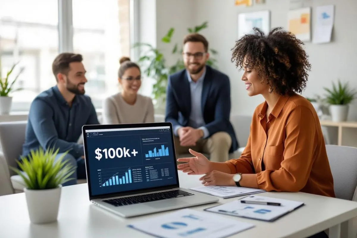 Business team discussing outsourced mental health billing with laptop showing $100K+ revenue growth charts