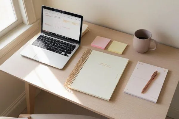 Laptop, planner, sticky notes, and coffee mug on a clean desk in natural light, representing a simple business system setup for full-time entrepreneurs.