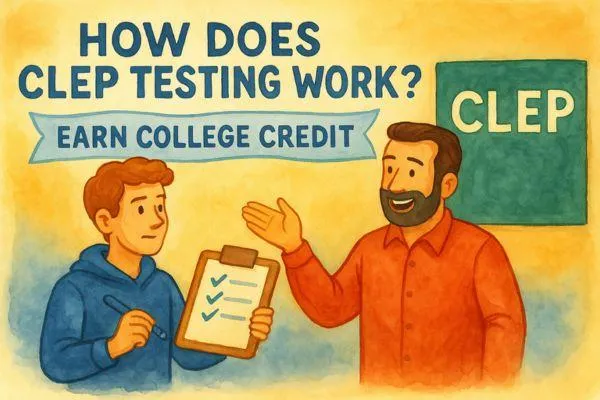 Watercolor illustration of a student holding a CLEP checklist while a mentor explains the process. Represents how CLEP testing helps parents and adult learners earn college credit faster and more affordably.