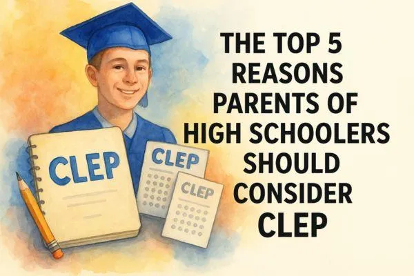 A smiling high school graduate in a blue cap and gown holding CLEP test prep materials, symbolizing how CLEP helps students earn college credit early and save money.