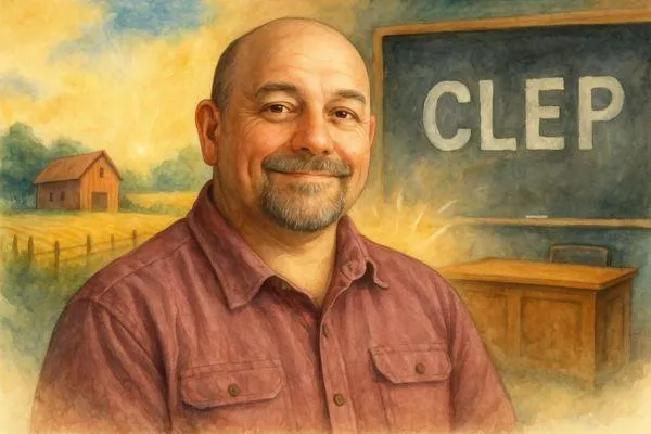 Watercolor-style portrait of a confident middle-aged man in a rural setting with a CLEP chalkboard behind him. Symbolizes Louis Green’s journey from farming to teaching, and his mission as The CLEP Coach to empower families with college credit strategies.