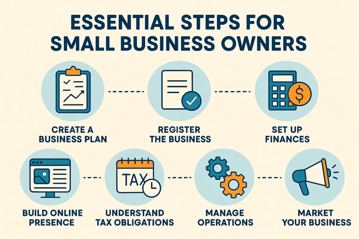 Icons showing the Essential Steps for Small Business Owners