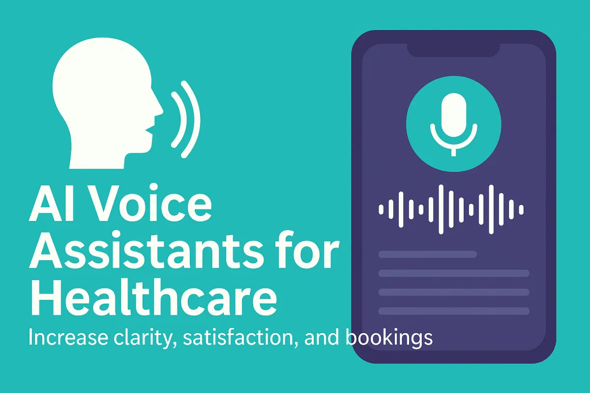 Modern AI voice assistant graphic representing patient engagement and clarity in a healthcare setting