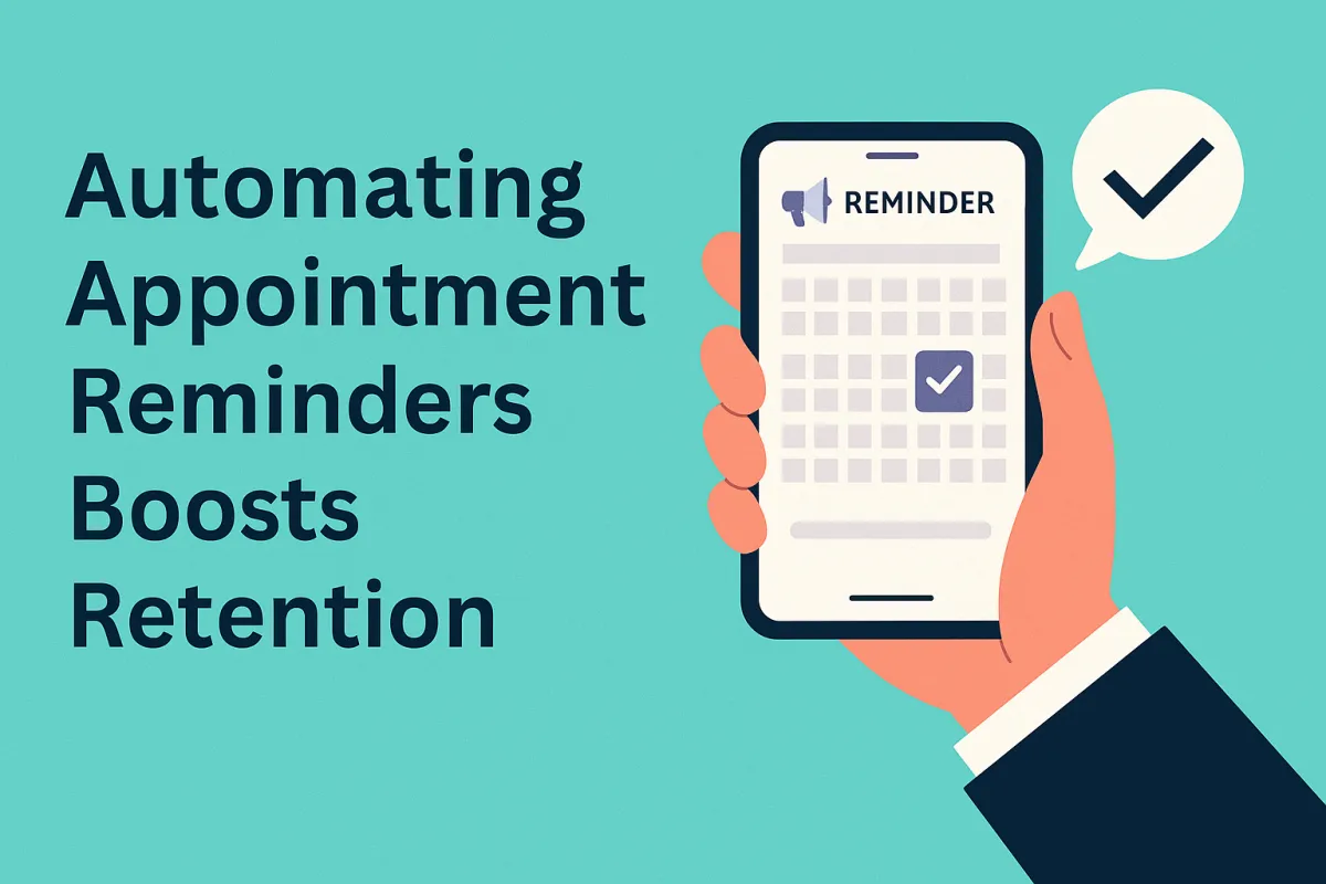 Illustration of a hand holding a phone displaying a calendar with a checkmark reminder, symbolizing automated appointment reminders for patient retention.