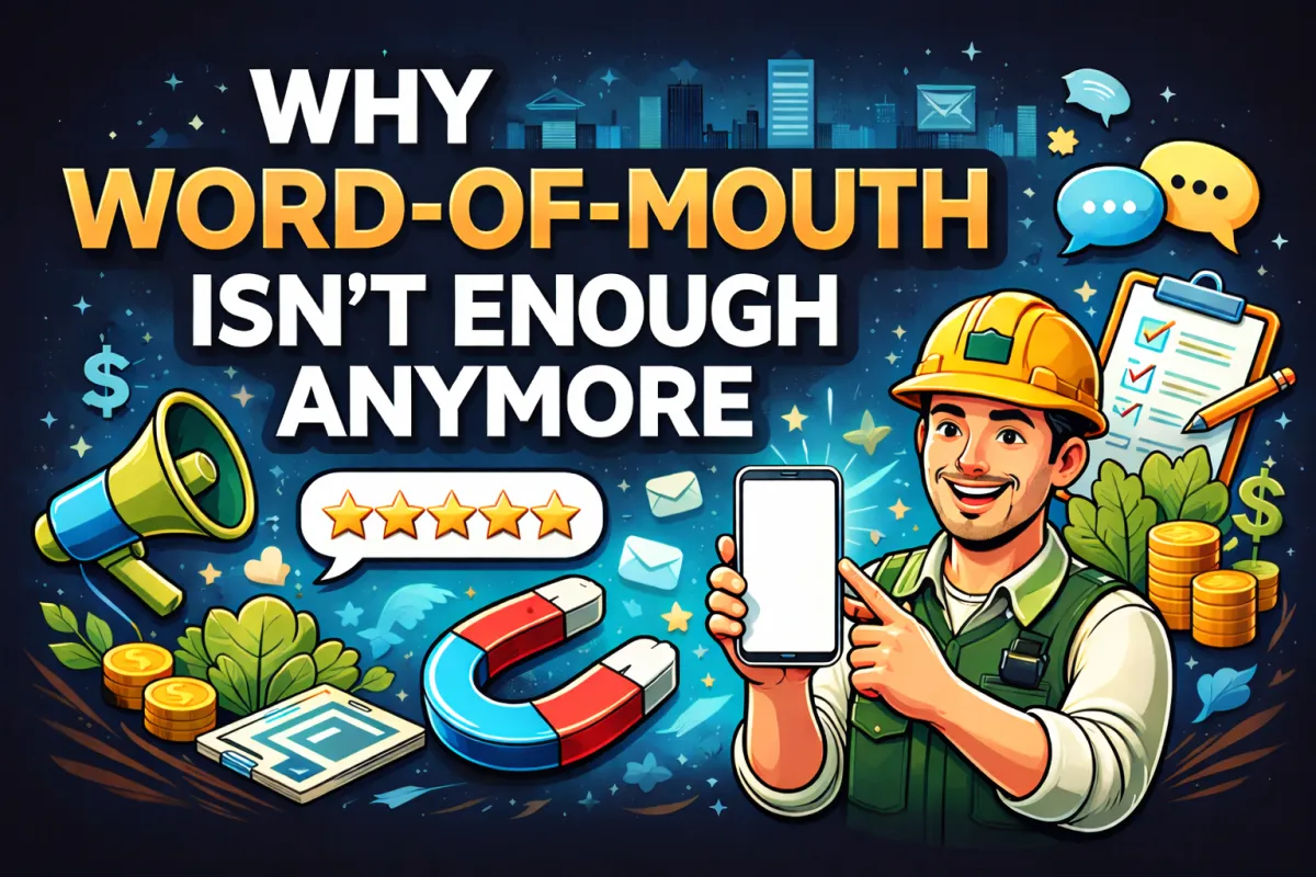 Illustration of a smiling contractor in a hard hat holding a blank smartphone screen, surrounded by marketing icons like a megaphone, clipboard, money, and cityscape, representing digital marketing for contractors.