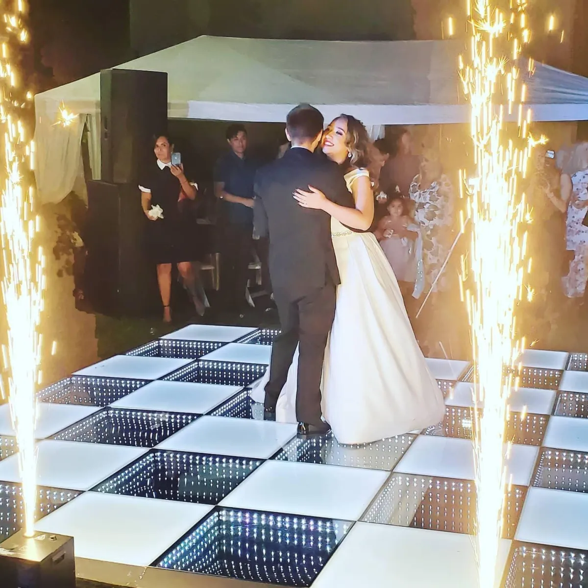 Washington wedding couple’s first dance with indoor Cold Sparks and glowing LED dance floor