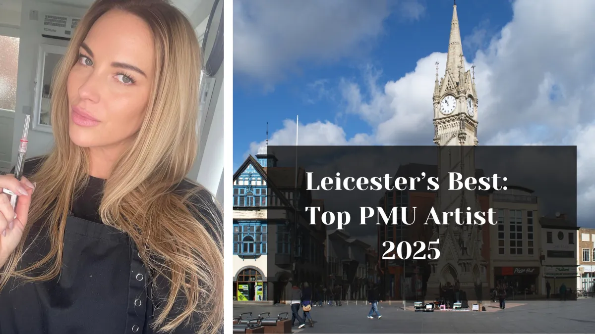 Claire Hutchison, founder of Contour Beauty Aesthetics, smiling in her studio wearing a black uniform, holding a precision tool, alongside an image of Leicester's iconic Clock Tower with the text "Leicester’s Best: Top PMU Artist 2025."