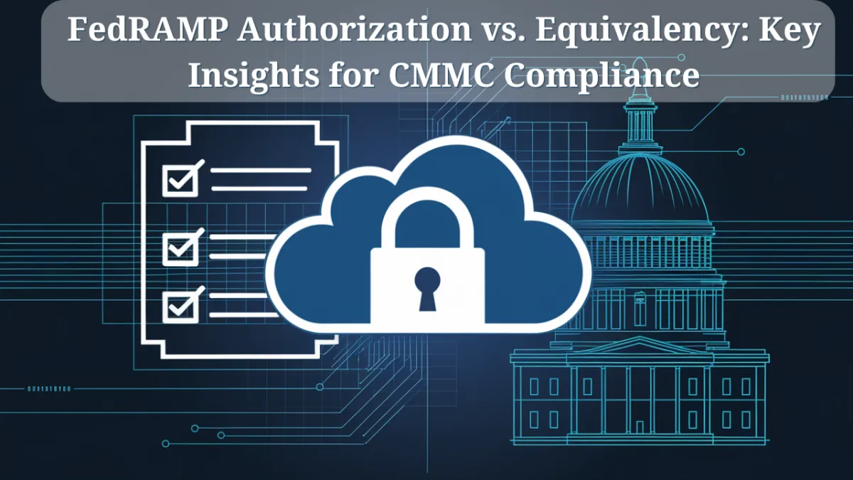 A digital illustration featuring a secure cloud icon with a lock, a compliance checklist, and a U.S. government building with a network-style overlay. The text reads 'FedRAMP Authorization vs. Equivalency: Key Insights for CMMC Compliance,' emphasizing cloud security and federal compliance.