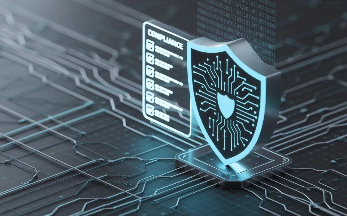 3D illustration of a digital shield with a circuit board design symbolizing cybersecurity protection, next to a compliance checklist interface, set against a futuristic data network background.
