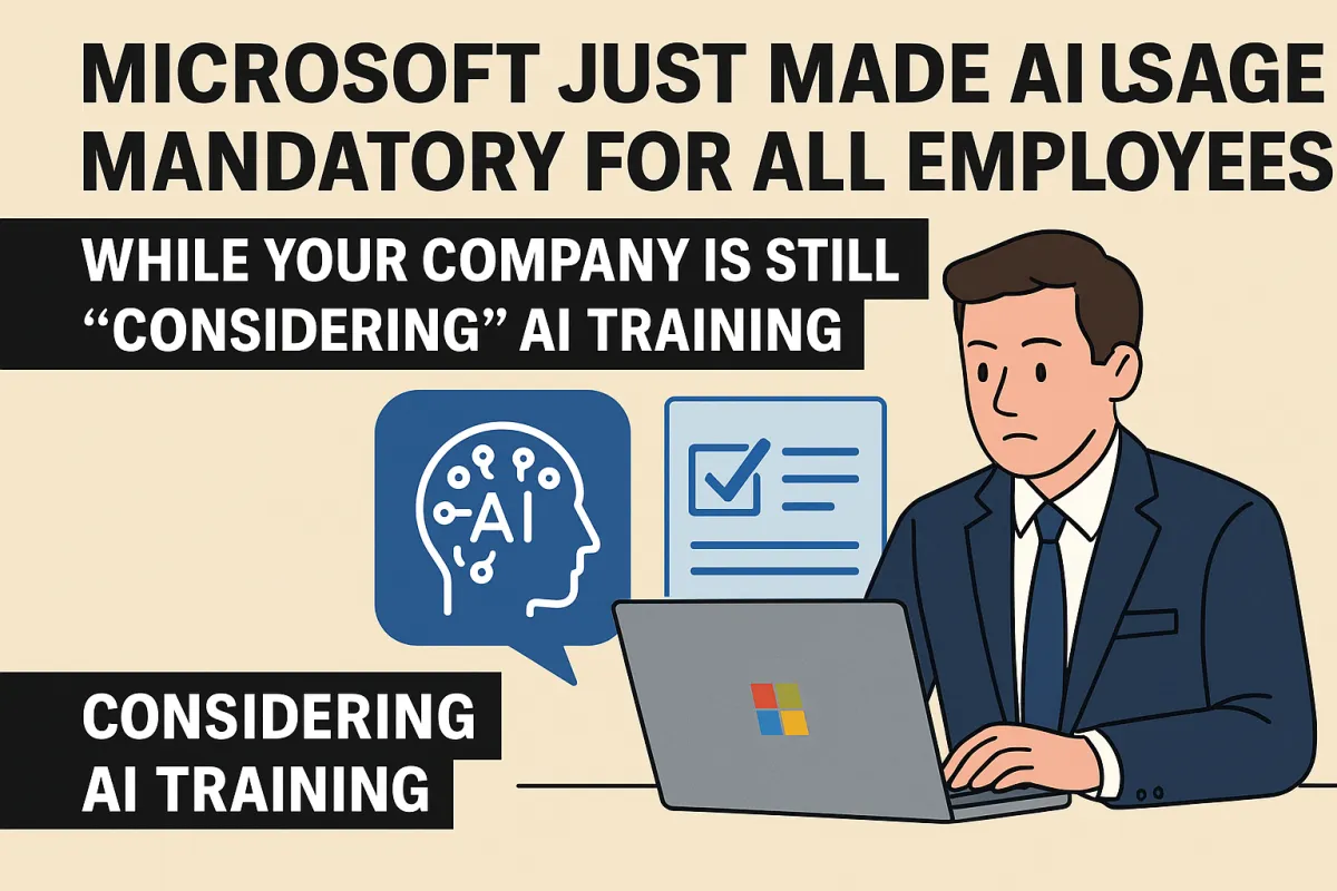 Microsoft mandatory AI policy showing all employees required to use AI tools with performance review integration and career impact