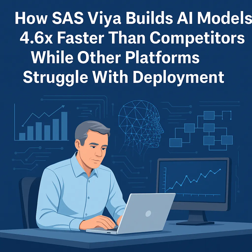 SAS Viya enterprise AI platform showing 4.6x faster model deployment with no-code interfaces and embedded governance for business transformation