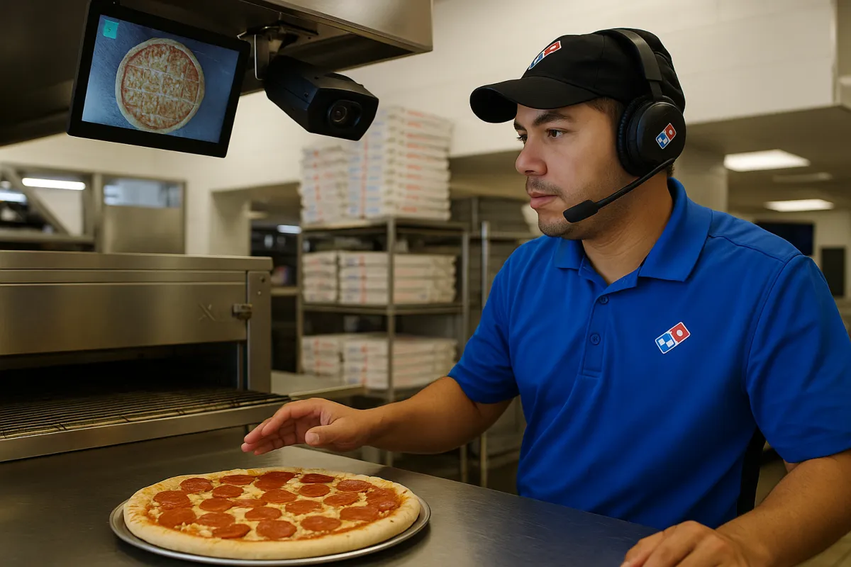 Domino's AI strategy showing predictive ordering technology, voice AI assistants, and automated quality control transforming restaurant operations