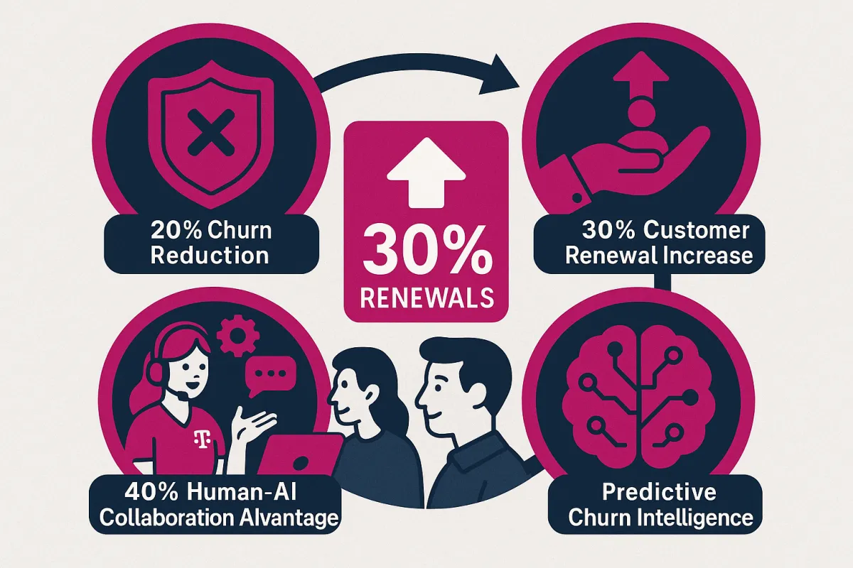 T-Mobile AI retention strategy showing 20% churn reduction and human-AI collaboration achieving 40% higher retention rates