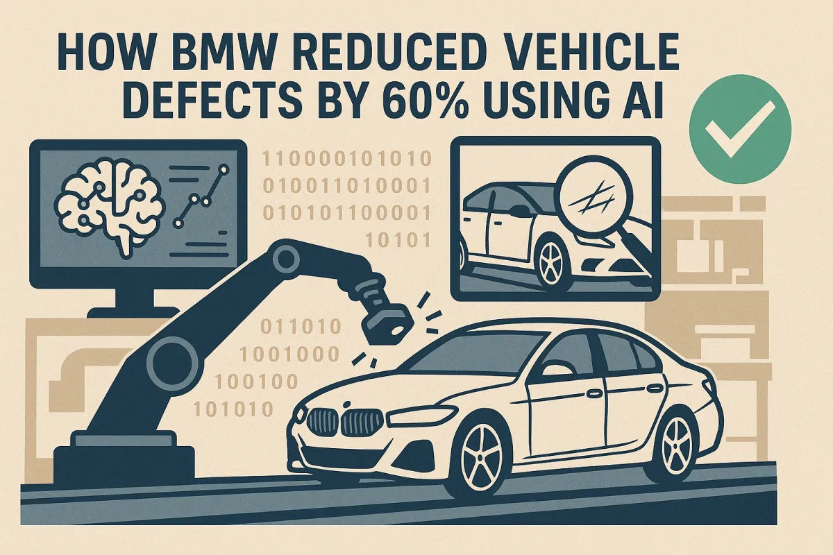BMW AI quality control system showing 60% defect reduction through computer vision and predictive manufacturing inspection