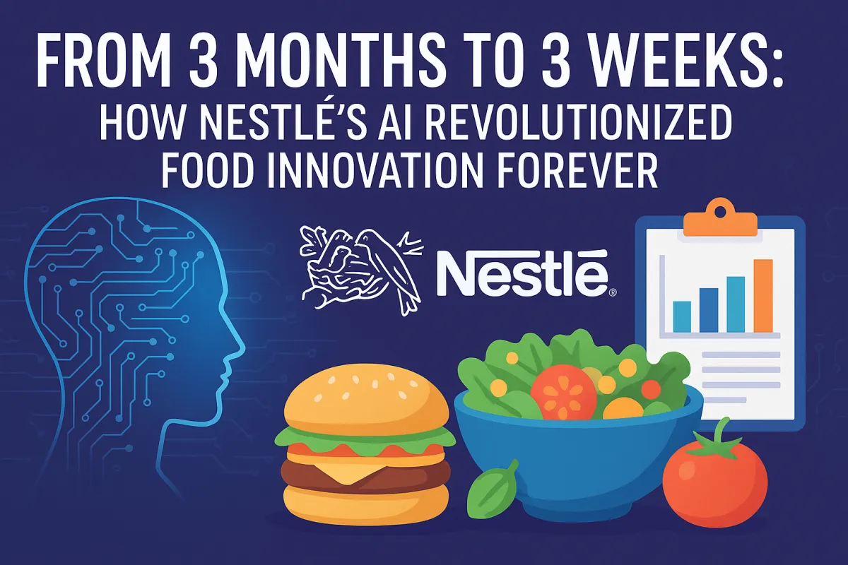 Nestlé AI innovation laboratory showing food scientists using AI systems to generate product concepts with digital recipe optimization displays and virtual food prototyping technology