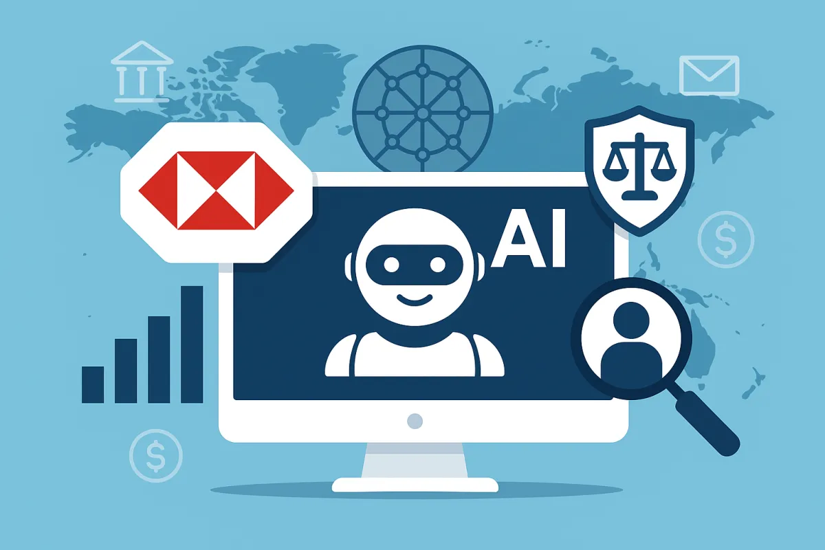 HSBC financial crime detection center showing AI-powered transaction monitoring systems with real-time suspicious activity alerts, criminal network analysis displays, and compliance dashboards
