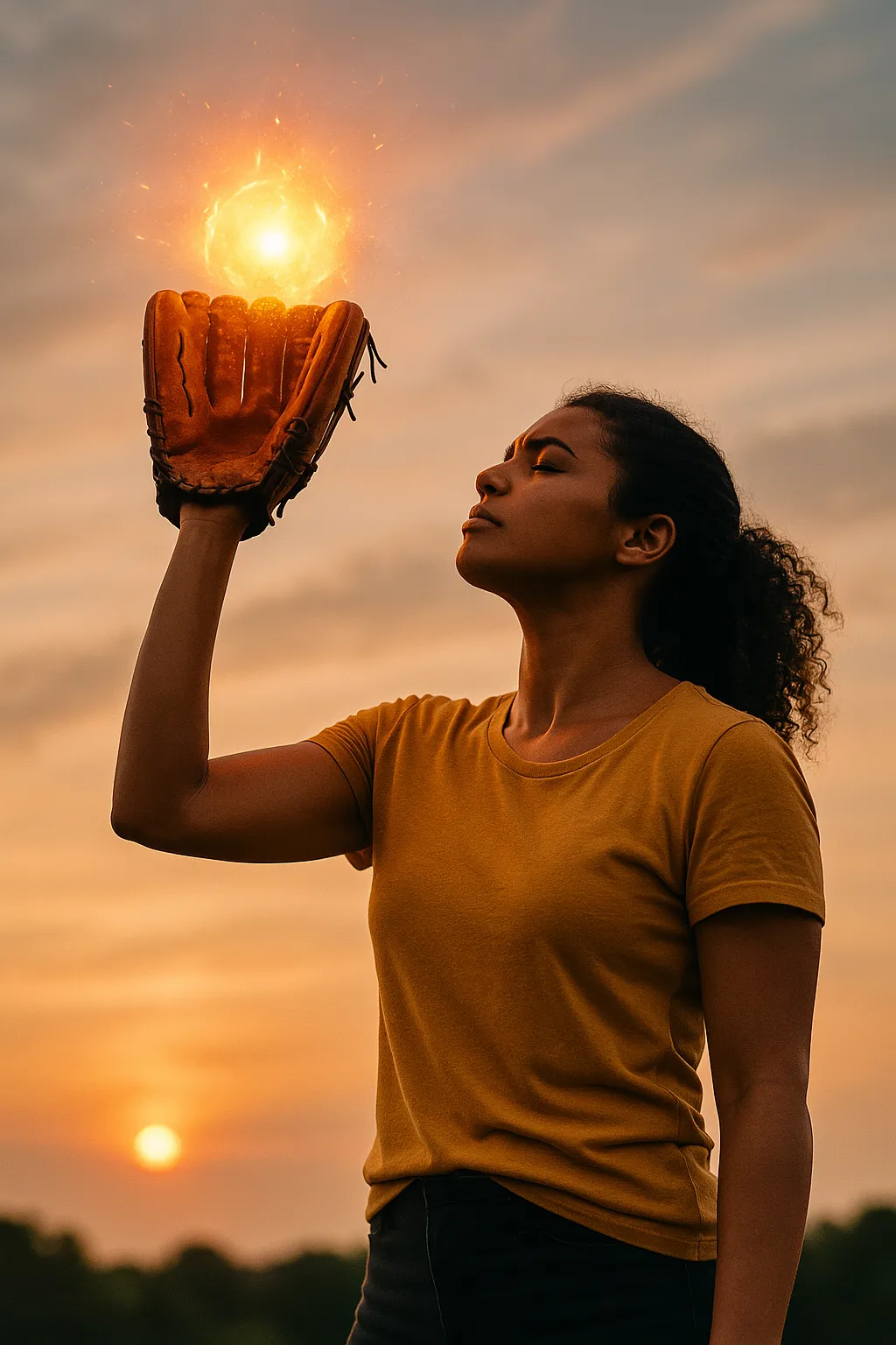 Woman holding a glowing light at sunset, representing inner strength, resilience, and renewed spark.
