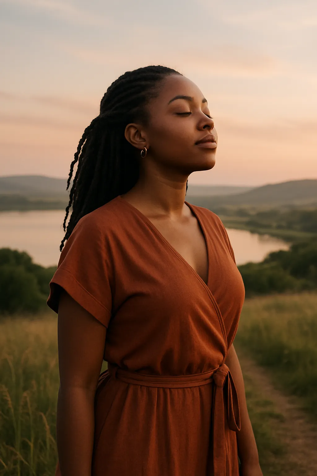 Woman standing peacefully in nature with eyes closed at sunset, symbolising calm, self-connection, and remembering who you are.