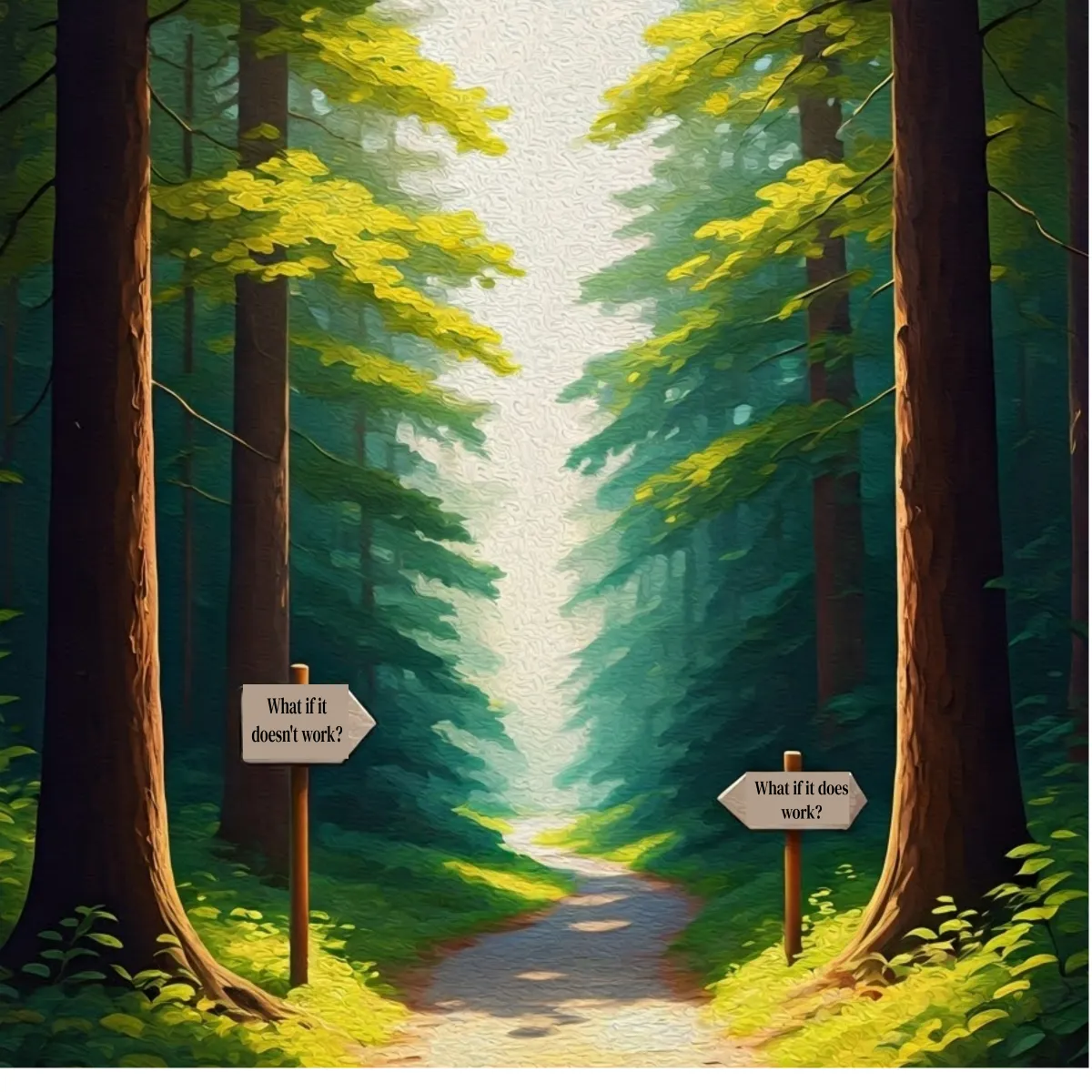 A forest path splits into two directions, with one sign reading “What if it doesn’t work?” and the other reading “What if it does work?”, symbolising the choice between fear and possibility.