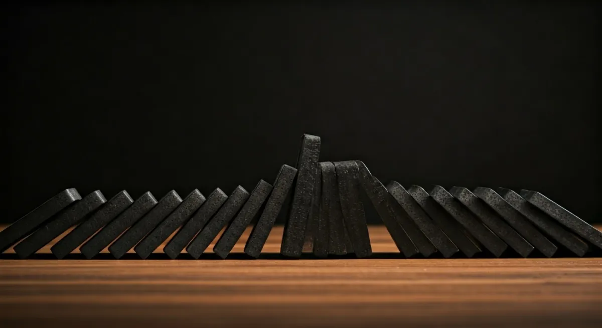 Row of dark dominoes on a wooden surface, all falling in one direction except one standing upright in the middle, symbolising breaking patterns or interrupting automatic cycles.