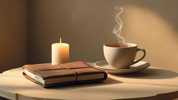 Steaming cup, journal, and candle on a quiet table, representing rest, reflection, and self-care.
