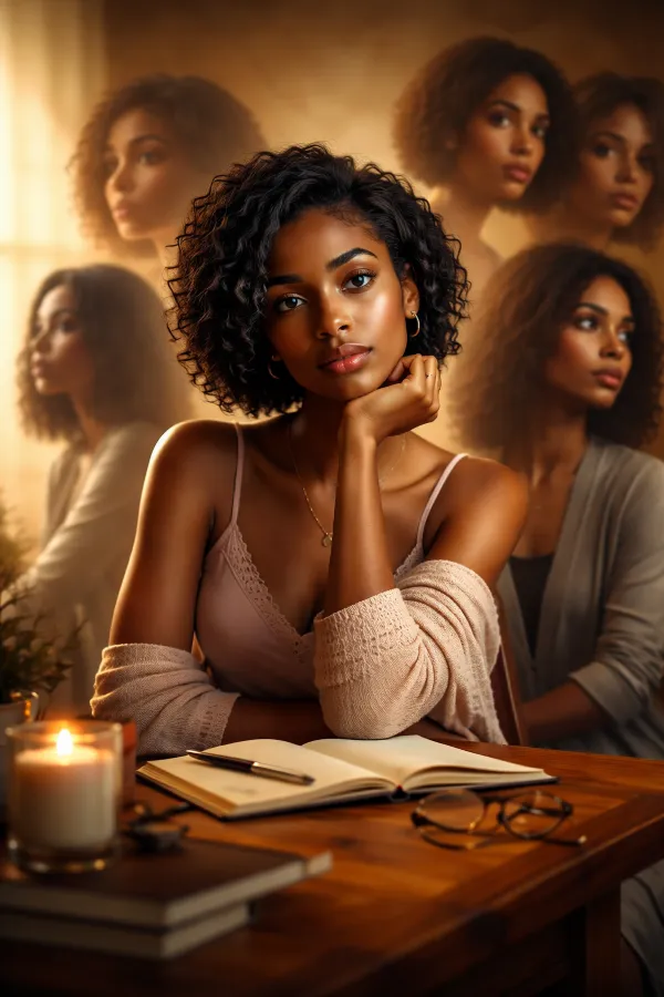 A young woman sits at a wooden desk with an open journal, resting her chin on her hand as she gazes thoughtfully ahead. Soft candlelight glows beside her, while multiple translucent versions of herself appear in the background, symbolising reflection, inner dialogue, and personal growth.