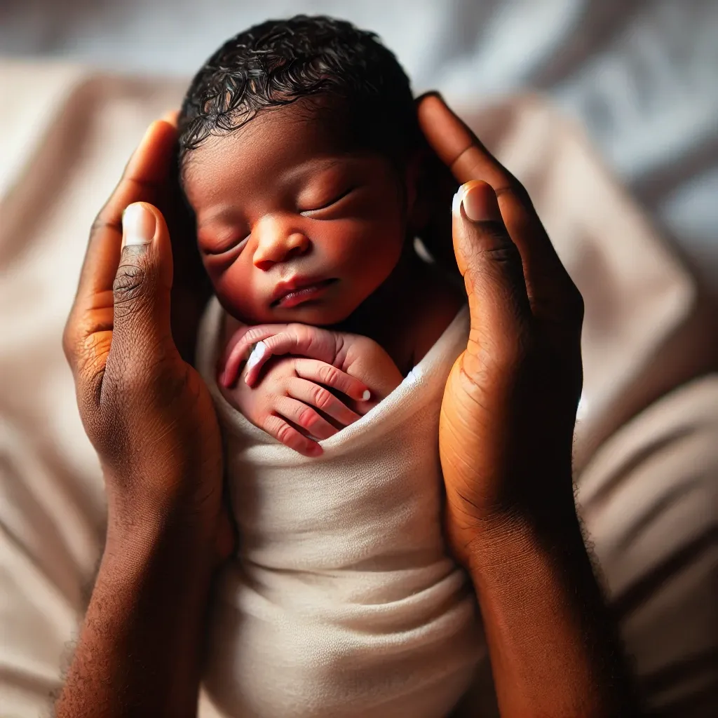 A newborn baby wrapped in a soft cream blanket sleeps peacefully, cradled gently between two protective adult hands. The warm lighting highlights the baby's delicate features and the tenderness of the moment.