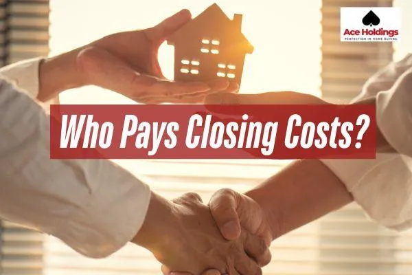 shaking hands while holding a tiny house with a caption Who Pays Closing Costs?
