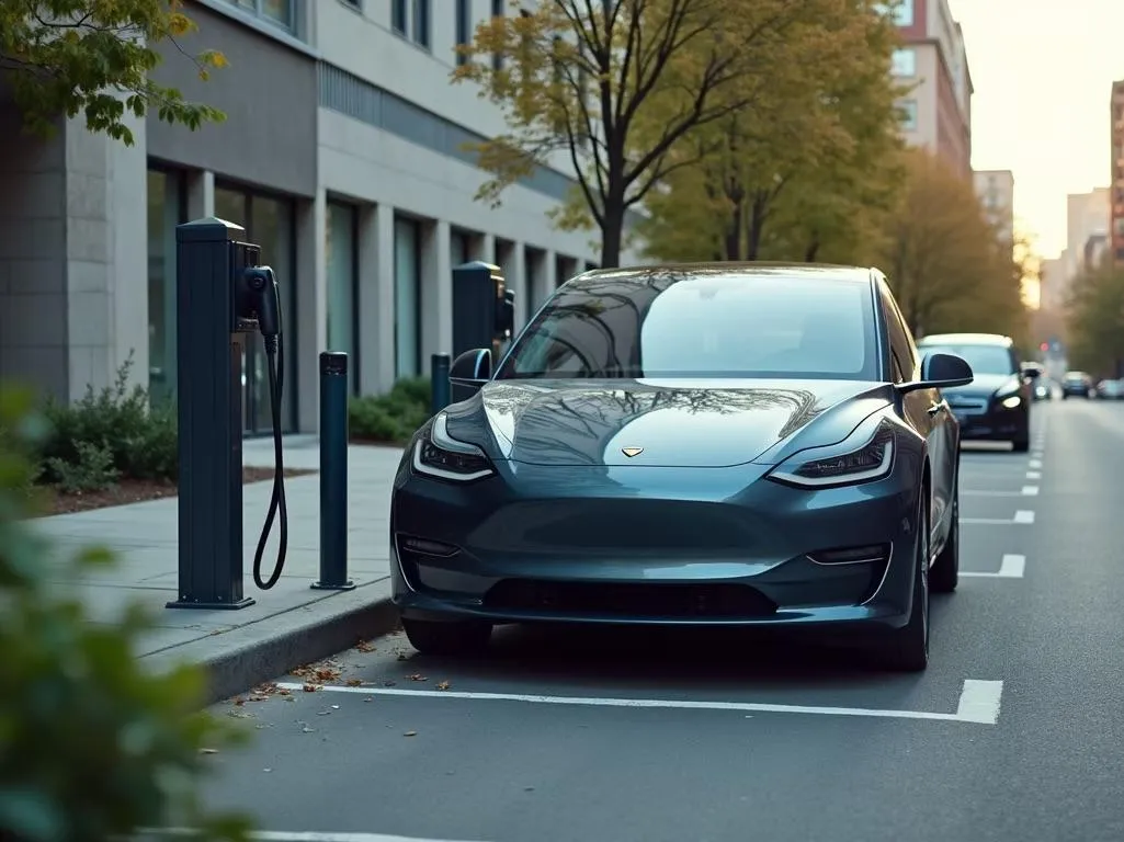 Modern electric vehicle parked on city street curb