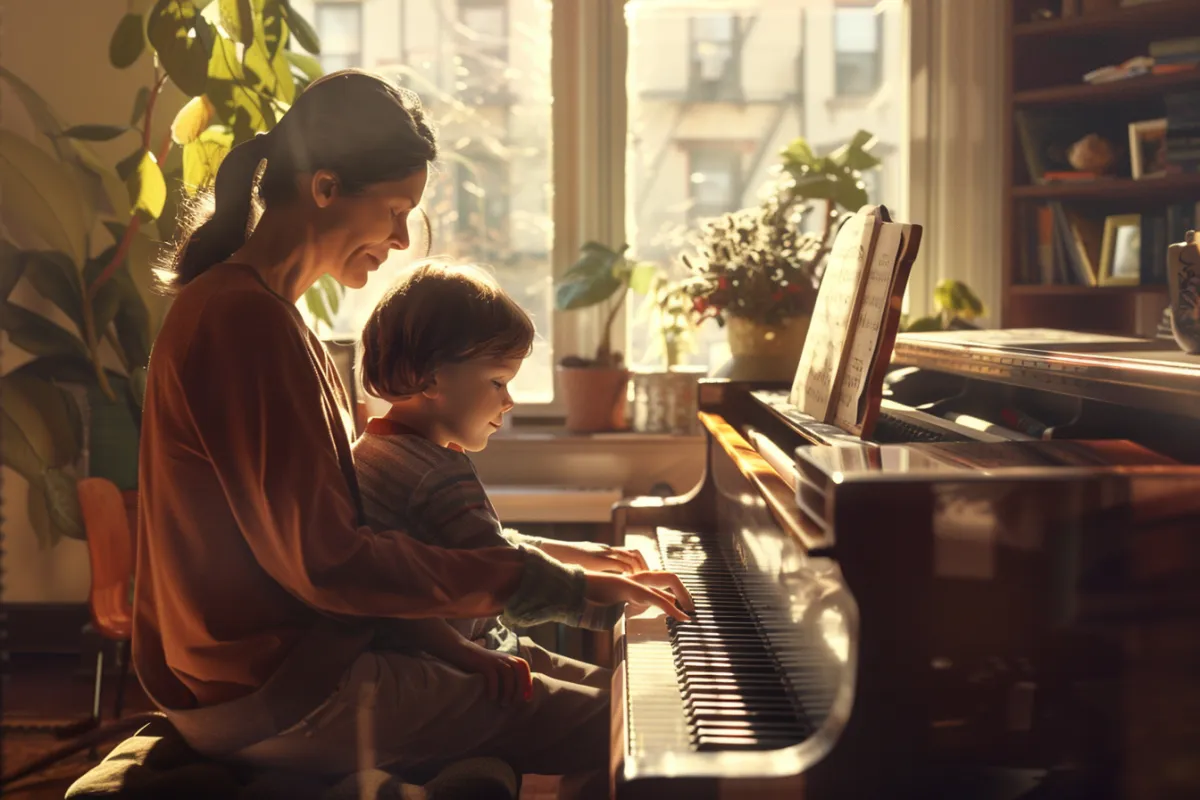 A child playing the piano with a patient instructor guiding them through a lesson