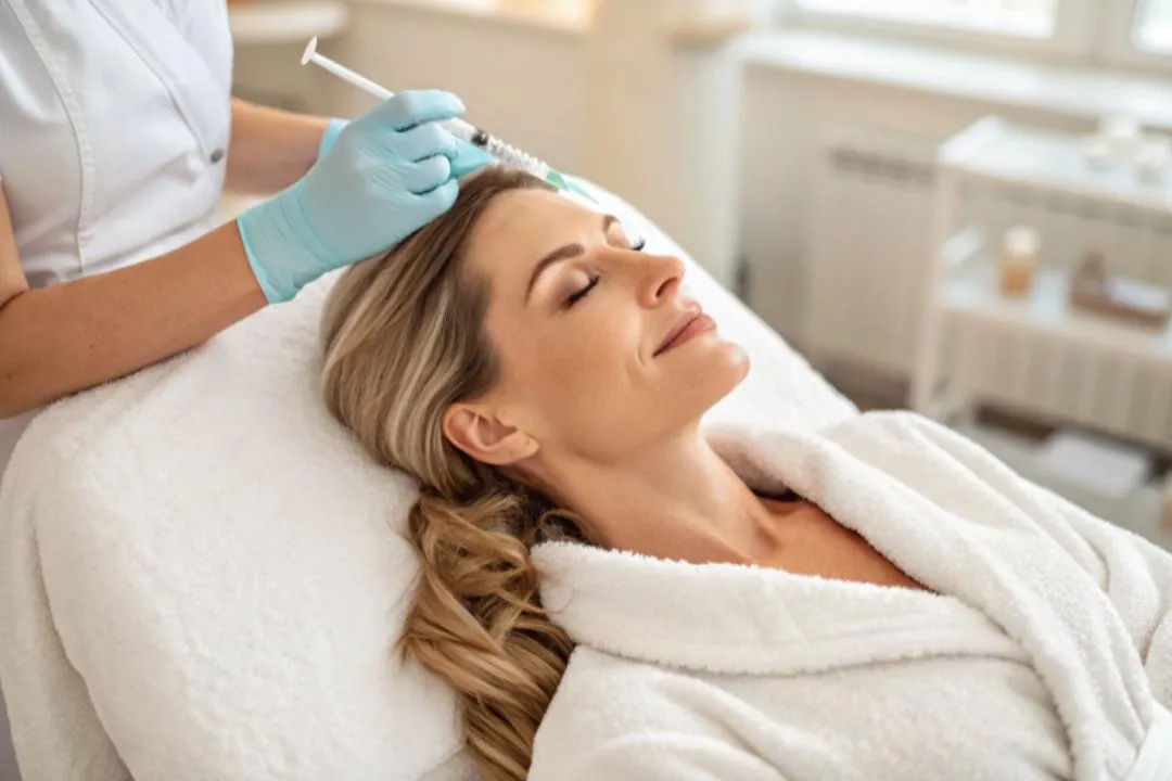 A woman receiving a Botox injection in a serene medical spa setting, showcasing a professional aesthetic procedure.
